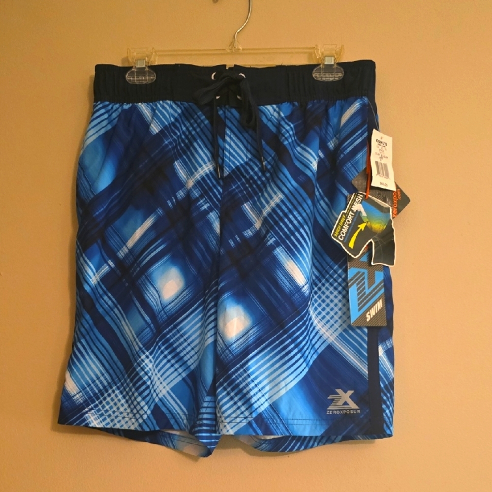 New Zeroxposur Men's Size M Blue Plaid Swim Trunks Mesh Brief Elastic Waist